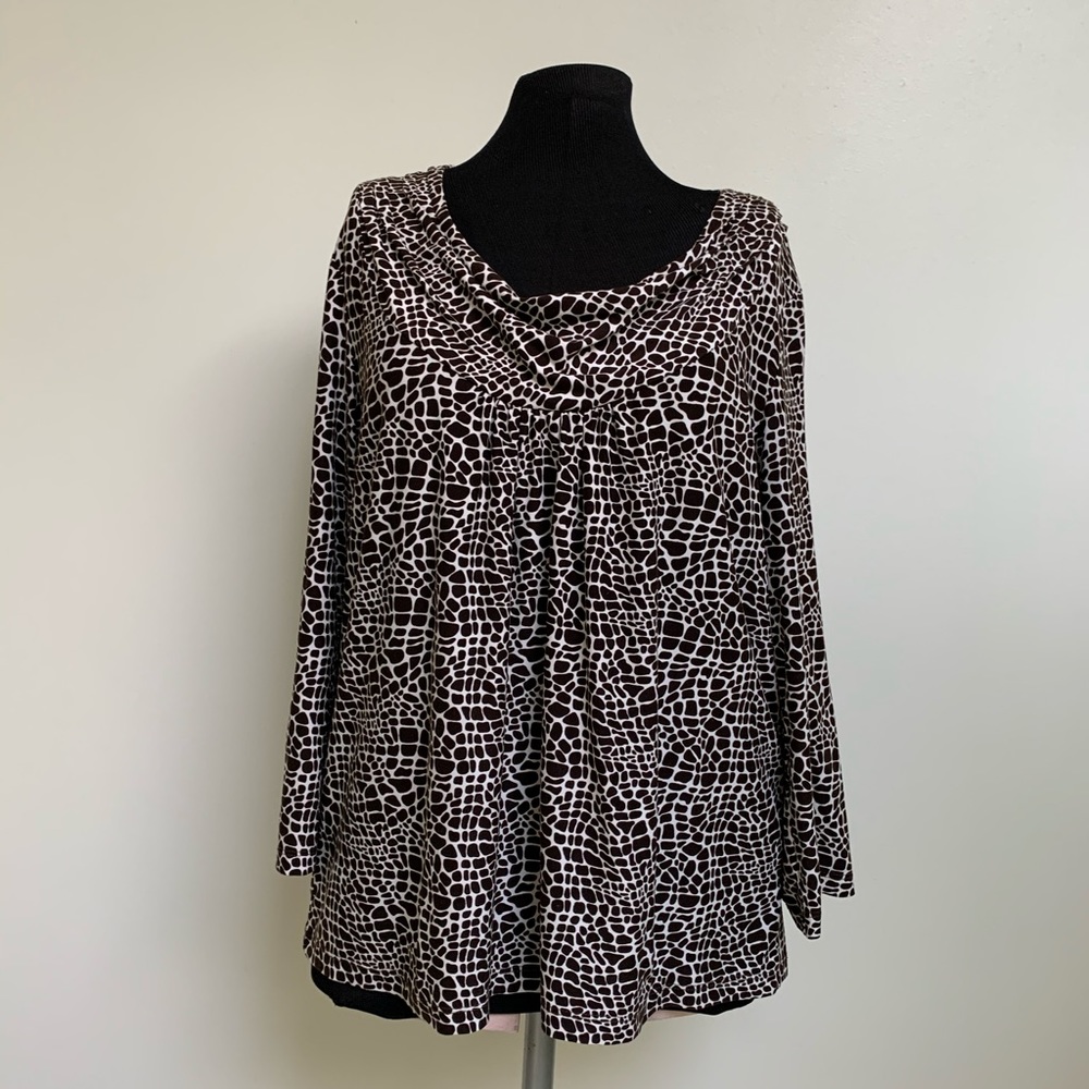Rafaella Shirt top-Brown White Animal Print-Gathered Front-Stretch-L